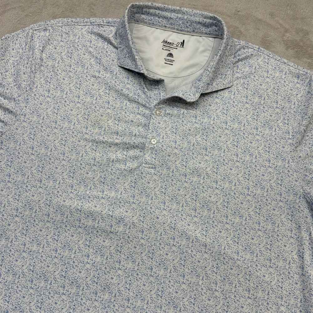 Johnnie-O Performance Polo Shirt Men XL Blue White Beach Print Stretch Golf LOGO